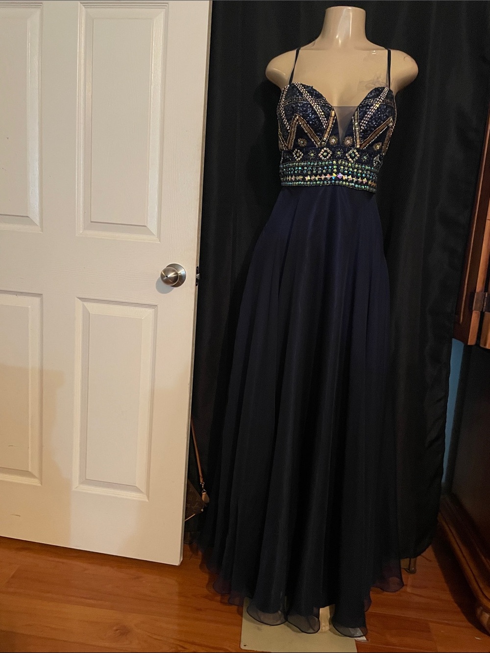 Dave & Johnny Navy Beaded Mesh Bodice Prom Dress